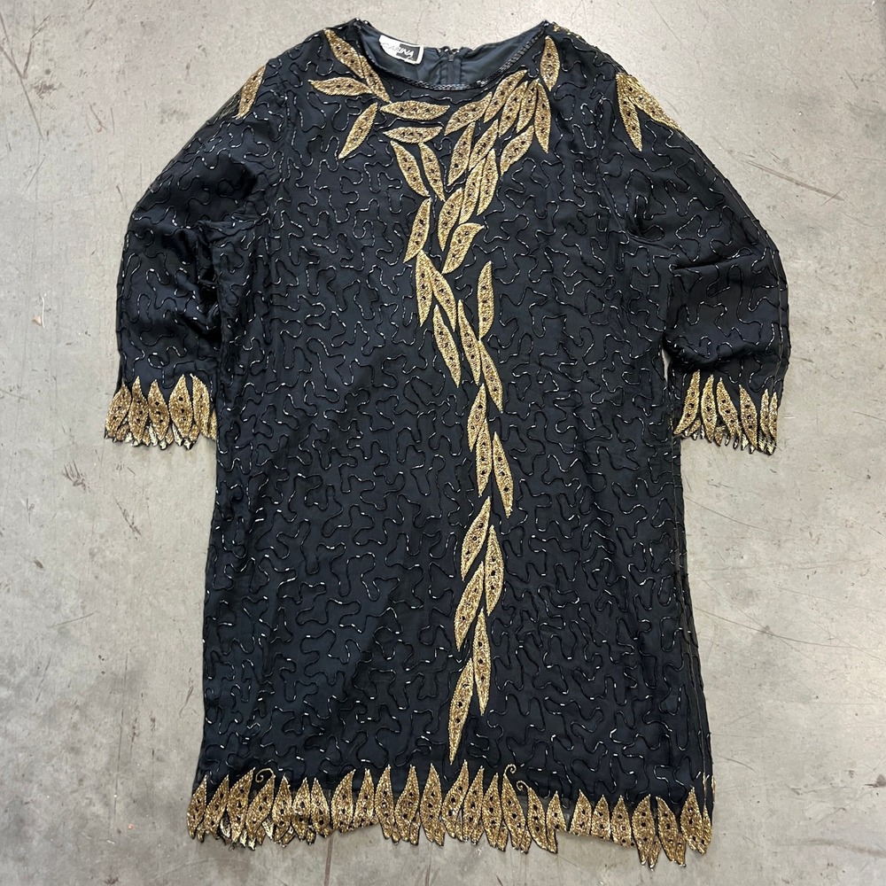 VTG Carina Women L Dress Black‎ Gold Beaded Leaf Sequin Silk Lined Cocktail